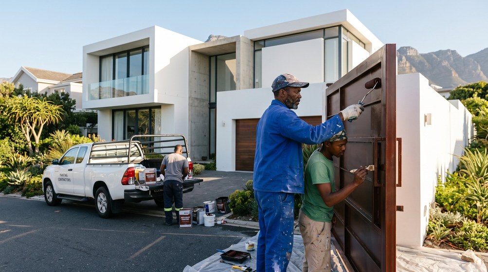Professional anti-rust coating team applying rust protection to a metal gate in Noordhoek