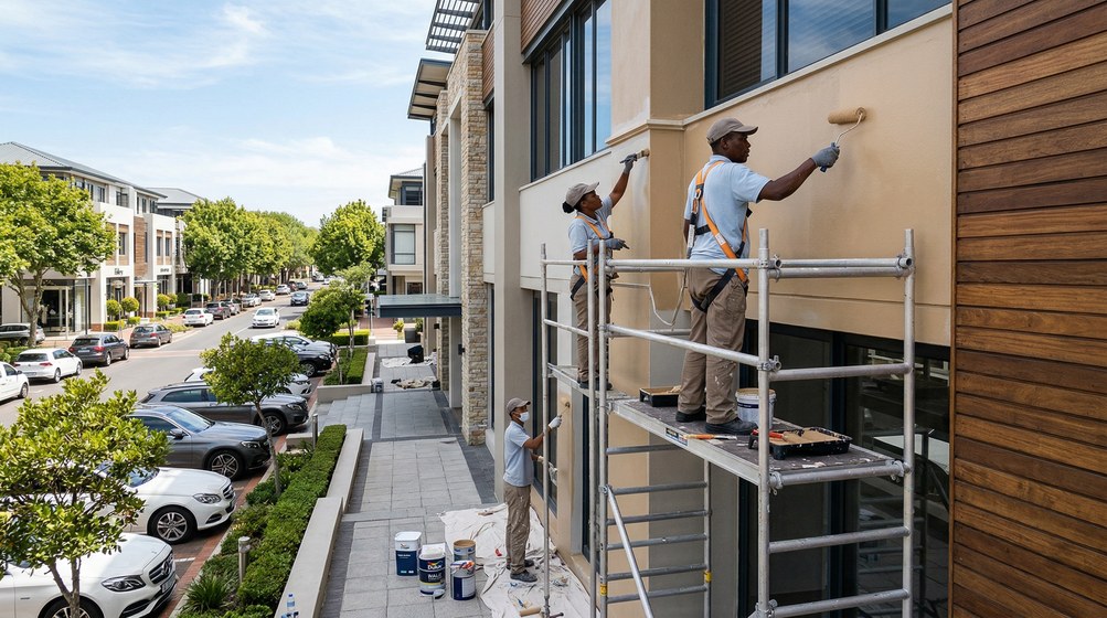 Professional commercial painters on scaffolding painting a building in Noordhoek