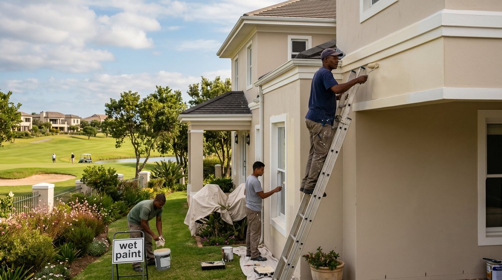 Professional estate painters painting a luxury golf estate home in Noordhoek