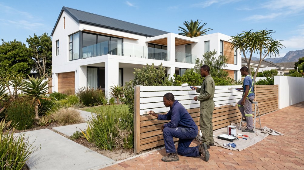 Professional fence painters painting a wooden fence at a Noordhoek home in Noordhoek