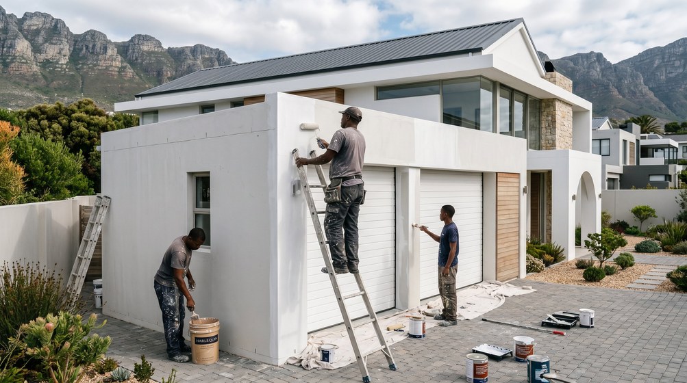 Professional painters painting a double garage exterior and garage doors in Noordhoek