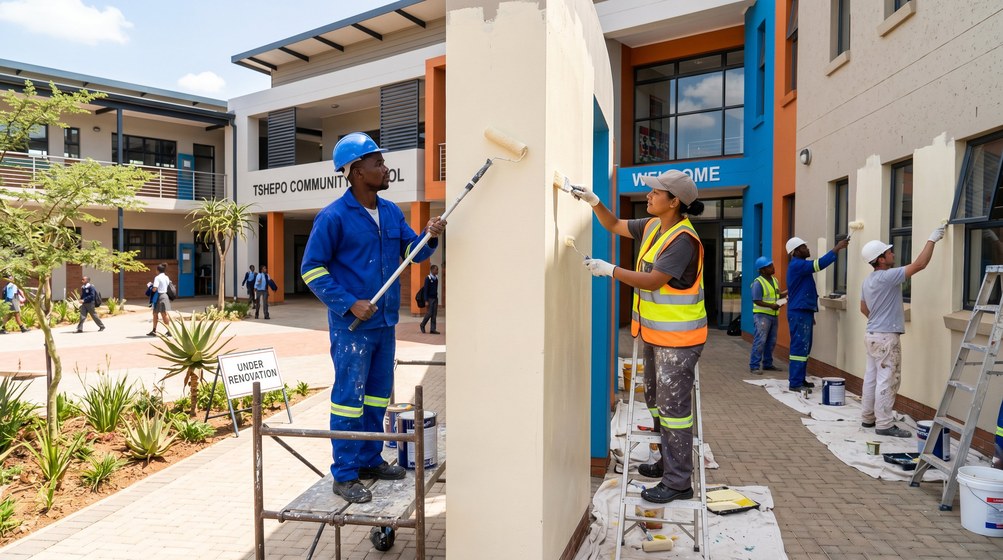 Professional school painting team painting a community school in Noordhoek